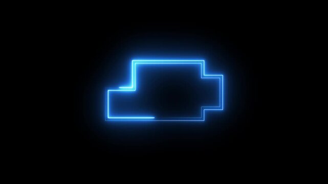 Neon blue engine check symbol animation displaying glowing light outline on black background.