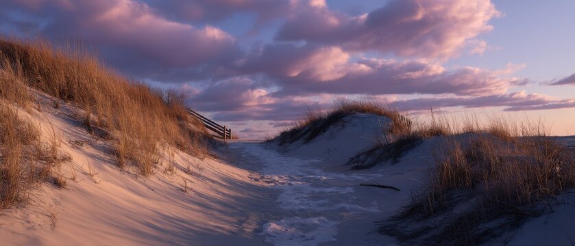 Beach Dunes at Twilight with Pink Clouds and Wooden Fence Landscape Photography Coastal Scene Scenic View