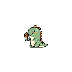 Cute cartoon dinosaur holding a flower illustration. © Rujak