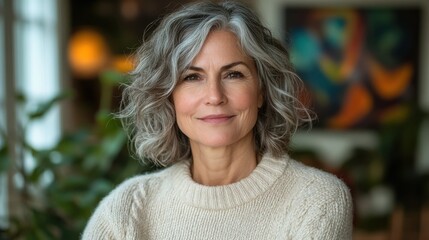 Obraz premium Confident Senior Woman with Curly Gray Hair Smiling in Cozy Setting
