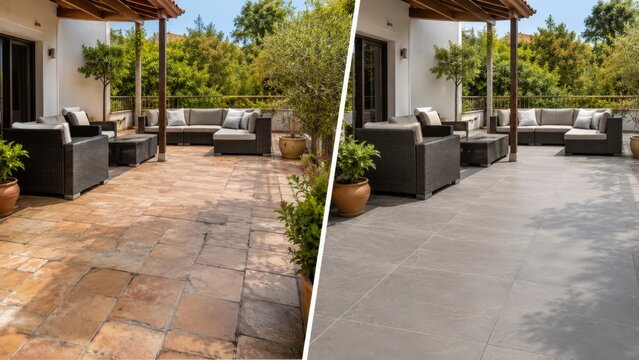 Uneven terrace tiles and modern porcelain patio surface