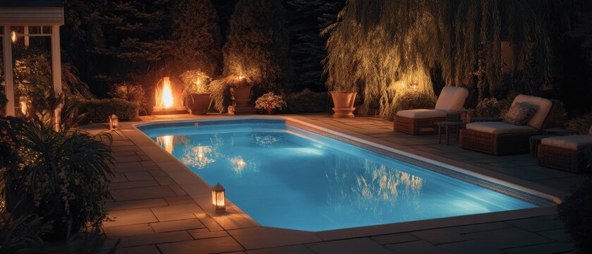 Swimming Pool at Night with Fireplace and Lounge Chairs in Backyard Garden Oasis, Relaxing Ambiance with Lanterns and Outdoor Lighting