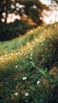 Meadow with White Flowers and Green Grass in Summer at Sunset from Low Angle in Rural Landscape