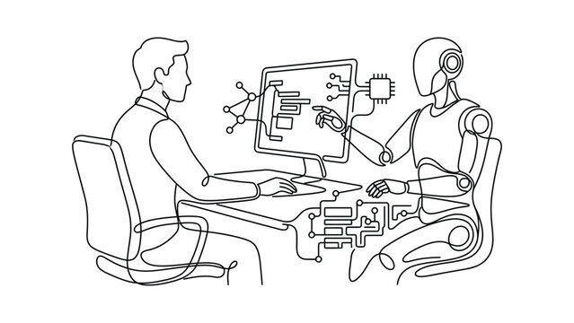 Continuous line art of a human working with a robot on a computer