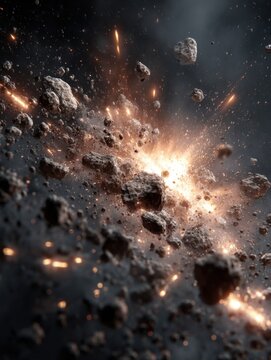 Asteroid field collision with bright explosion and debris field; space scene with cosmic dust and rock fragments; close up view