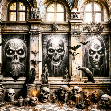 Eerie portraits on the walls of an old abandoned house. Halloween time