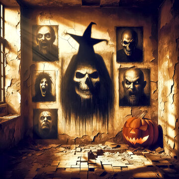 Eerie portraits on the walls of an old abandoned house. Halloween time