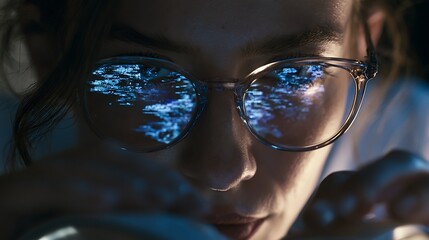 Obraz premium Prompt: A realistic fine-art portrait of a data scientist, capturing a woman studying dense, clean glowing algorithm formulas reflected symmetrically on her glasses. Shot on a Phase One XF IQ4, 