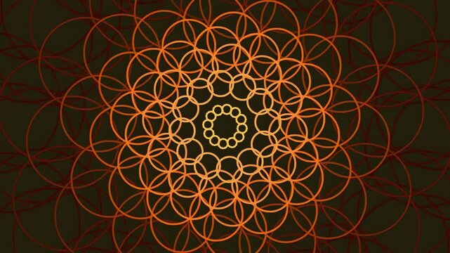 Abstract background featuring a complex geometric pattern of overlapping glowing orange circles on a dark backdrop.