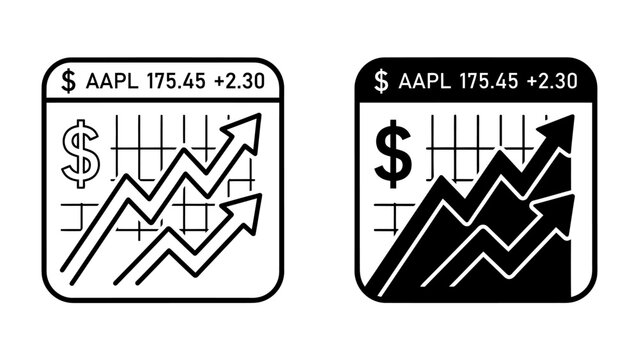 Stock Market Growth Icons: Two stylized icons depicting a stock market graph with upward trending arrows and currency symbols, representing financial growth and investment success.