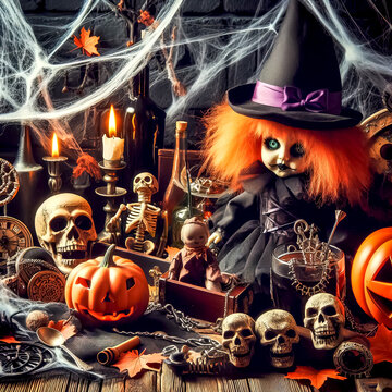 creepy mystical dolls and various objects of occultism and magic pumpkin lanterns candles amulets and cobwebs atmosphere of witchcraft and mystery