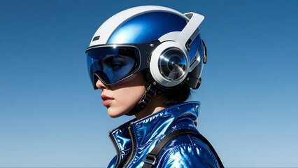 Fototapeta premium Futuristic Woman in High-Tech Blue Helmet and Metallic Suit