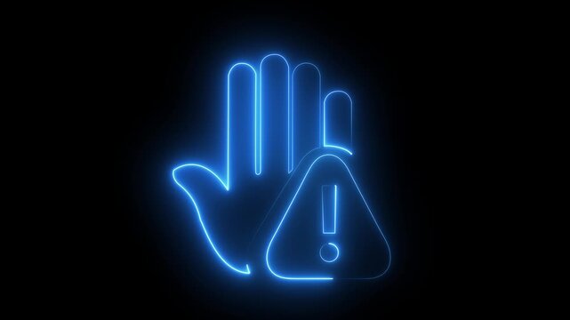 Neon glowing Prohibitory sign Animation with a raised hand with neon icon. Danger warning with hand. prohibited Hand icon Motion graphics of concept black background.4k video