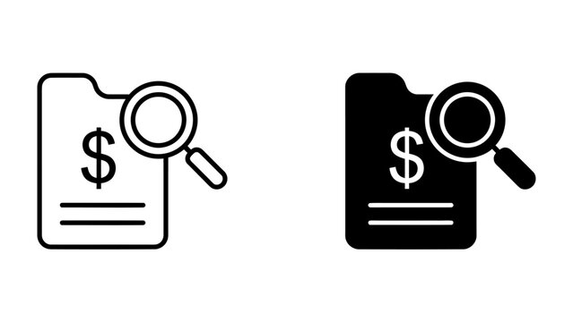 Financial Audit Icon: A clear and concise graphic representing a financial audit, with a dollar sign on a document magnified by a magnifying glass, symbolizing financial inspection and analysis.