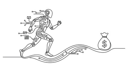Obraz premium Continuous line art of a futuristic robot running towards a money bag representing financial technology and automated earnings