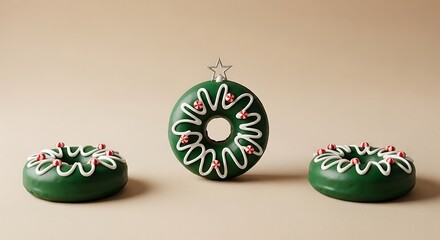 Fototapeta premium Festive Christmas Donuts - Delicious Green Treats with Holiday Decorations.