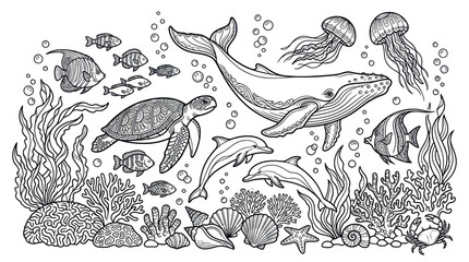 Detailed underwater sea life coloring page illustration. © Leo