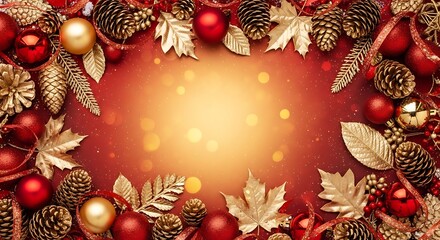 Fototapeta premium Festive Christmas frame with golden leaves and red ornaments on glowing background.