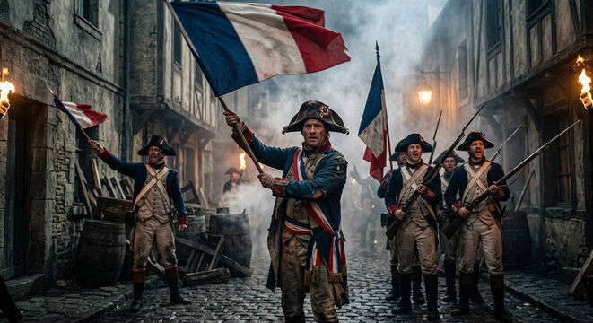 Historical Reenactment Of French Revolution With Soldiers Waving Tricolor Flag