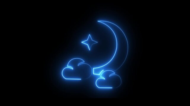 neon glowing blue crescent moon with clouds and star icon sign animation glowing night sky Motion graphics of concept black background.