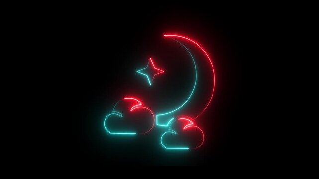 neon glowing red crescent moon with clouds and star icon sign animation glowing night sky Motion graphics of concept black background.