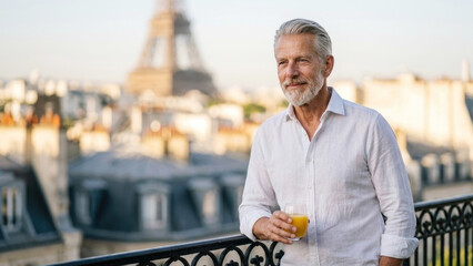 Fototapeta premium Smiling mature man holding glass of orange juice on Parisian rooftop terrace with Eiffel Tower