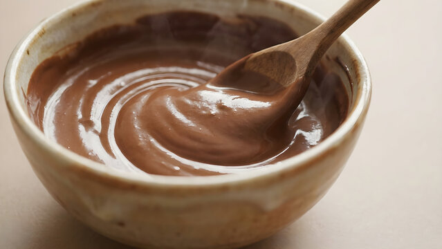 Creamy chocolate spread being stirred with a wooden spoon