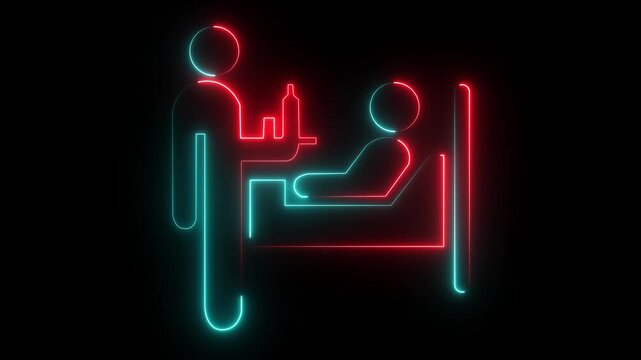 Glowing Neon Hospital Bed with Patient and Visitor Icon for Medical Care, Inpatient Treatment, Healthcare Services and Clinical Recovery on bank Background