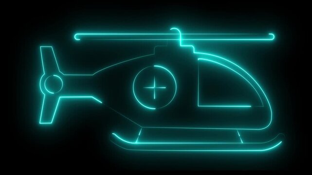 Modern Glowing Neon Air Ambulance Helicopter Icon for Emergency Medical Rescue, Patient Transport and Healthcare Aviation on bank Background