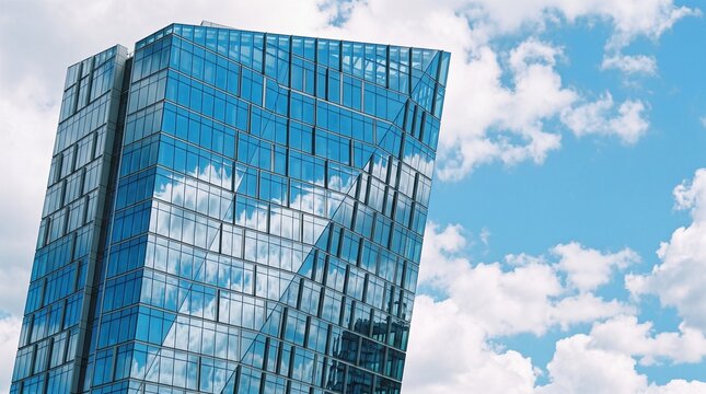 Modern glass skyscraper reflecting blue sky with clouds in city center