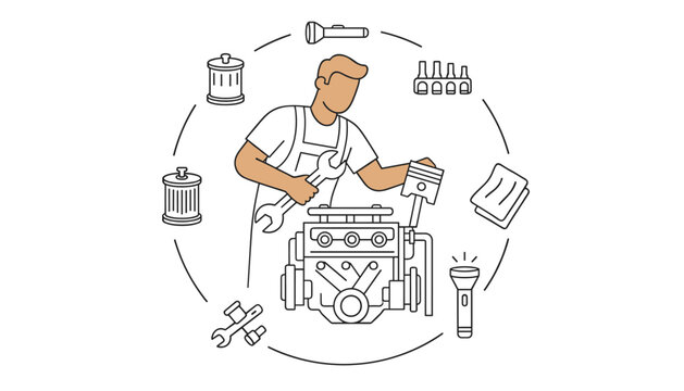Automotive mechanic with a wrench repairing a car engine component surrounded by essential vehicle maintenance tools and parts for the shop.