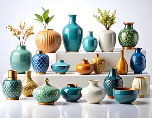 Collection of decorative ceramic vases displayed. © wangkel