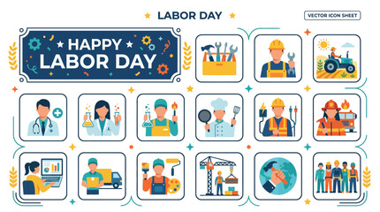Fototapeta premium Happy Labor Day Vector Icons: Diverse Professions Celebration