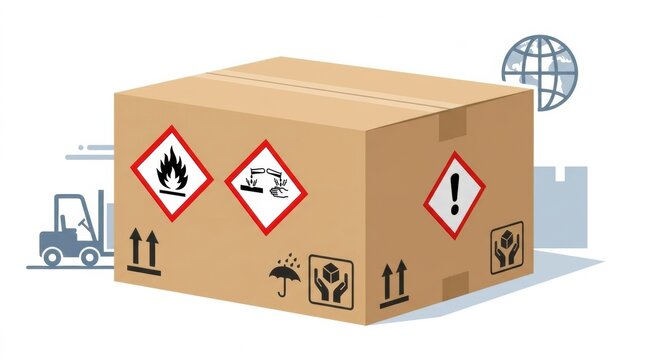 Package displays GHS pictogram symbols indicating hazardous materials for safe handling and transport in compliance with safety regulations