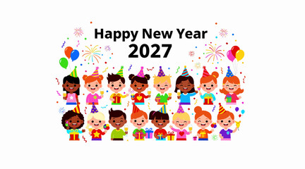 Fototapeta premium Happy New Year 2027 Celebration with Diverse Kids, Party Hats, Gifts & Fireworks