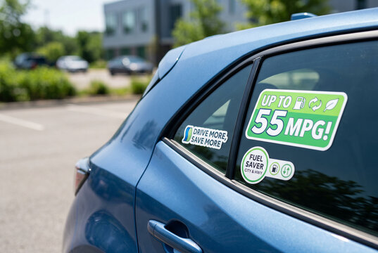 Blue car with fuel saver stickers showing up to 55 mpg on rear window for eco car advertisement banner and product label