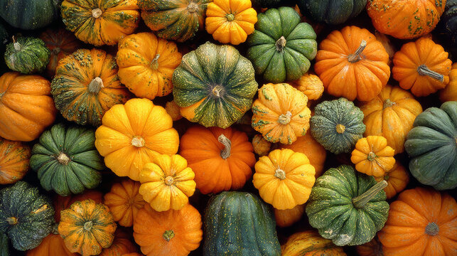Colorful pumpkin background with assorted autumn squash in vibrant orange, green and white tones, seasonal harvest composition for Thanksgiving, Halloween and fall design