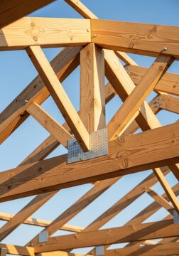 Wooden Roof Truss Construction with Metal Connector Plates Against a Clear Blue Sky Background