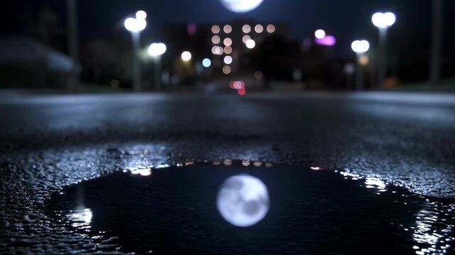 Low ground-level nocturnal street scene with wet asphalt, central puddle reflecting bright circular light, soft blur, city glow, and small surface ripple, with night, street, asphalt, wet detail