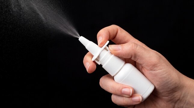 A close-up view of a person's hand pressing a generic white nasal spray bottle, releasing a fine mist against a solid black background.