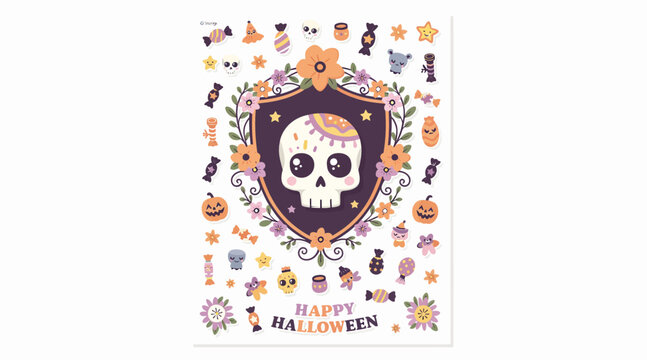 halloween sticker sheet with sugar skull and pumpkins