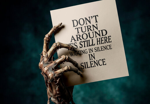 Skeleton hand holding blank card on dark background