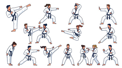 Diverse people in karate and taekwondo action poses. © Maria