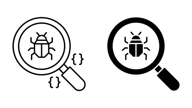 Bug Detection with Magnifying Glass and Code Symbols: Two icons depicting a magnifying glass revealing a beetle, alongside abstract code symbols, represent the process of debugging software.