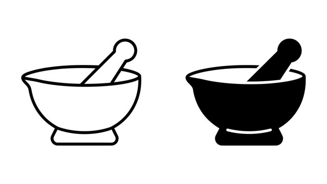 Mortar and Pestle Icons: A set of simple, clean icons featuring a mortar and pestle in both outline and solid black, representing grinding and preparation.