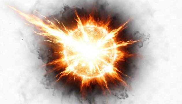 Vibrant orange explosion with smoke effect on white background