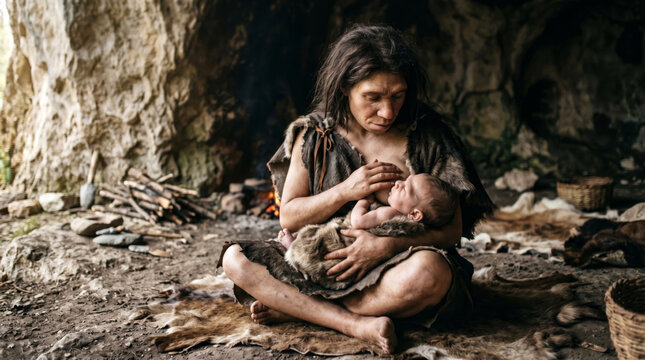 A Neanderthal mother gently nurses her infant inside a sheltered cave, illuminated by soft natural light in a quiet prehistoric setting. Maternal care concept