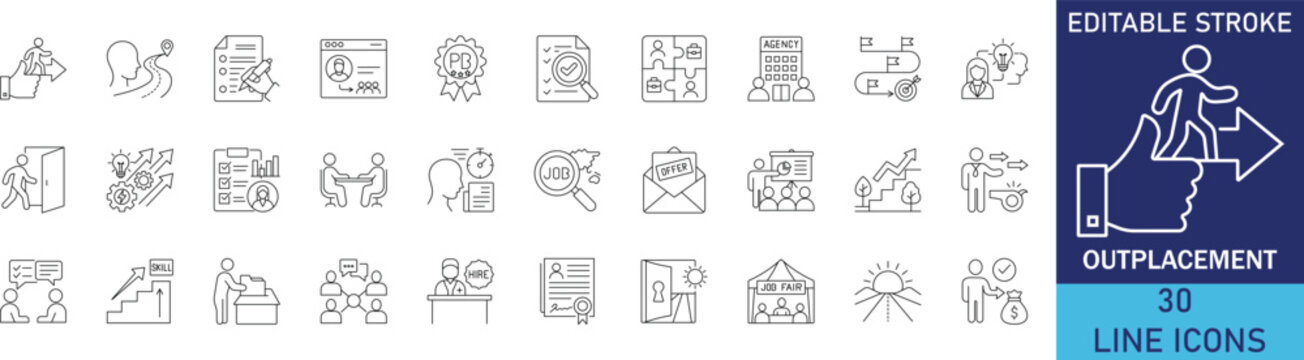Outplacement service and corporate career transition line icon set. Vector symbols for employee layoff support, resume rebuilding, job search assistance, and workforce redundancy counseling.