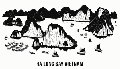 Very beautiful black and white realistic vector illustration of Ha Long Bay featuring a bold label reading "HA LONG BAY VIETNAM", aerial view of limestone karst islands, floating fishing village, trad © ehsanollah