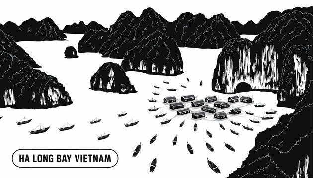 Very beautiful black and white realistic vector illustration of Ha Long Bay featuring a bold label reading "HA LONG BAY VIETNAM", aerial view of limestone karst islands, floating fishing village, trad